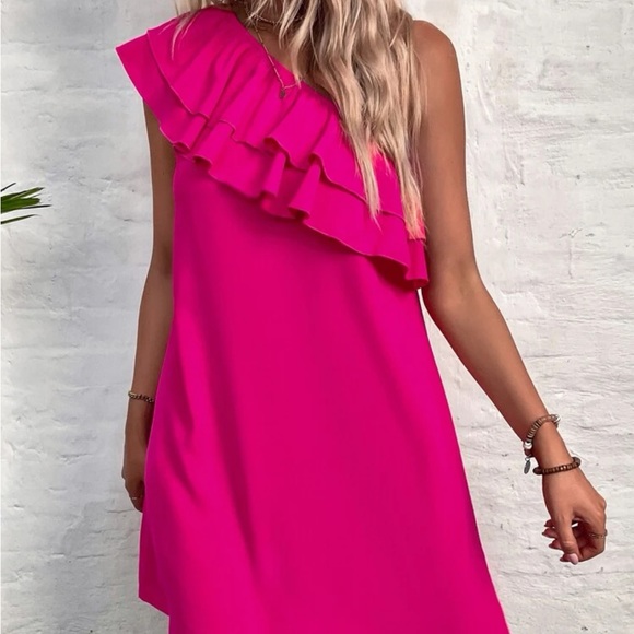 Women’s One Shoulder Layered Ruffle Trim PINK Tunic Dress Sz XL - Picture 4 of 6